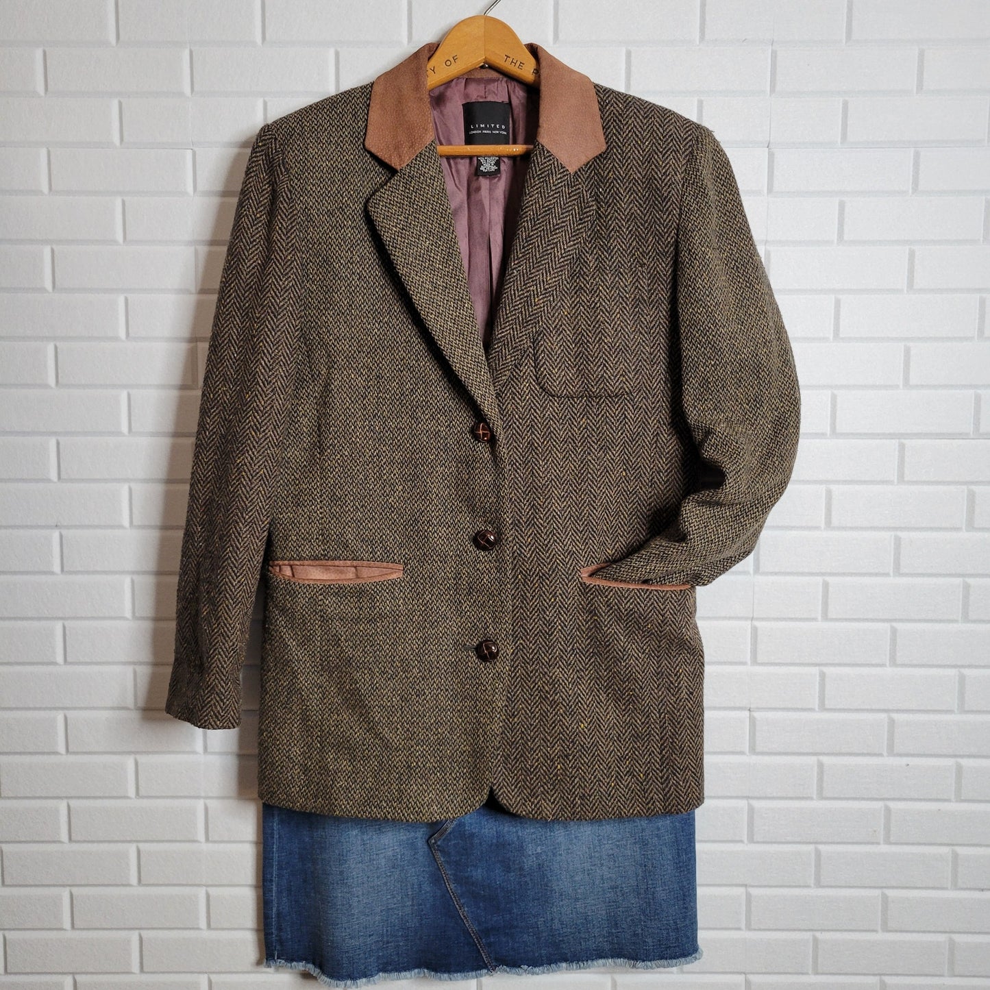 Vintage The Limited blazer womens size S mixed herringbone and tweed with suede equestrian