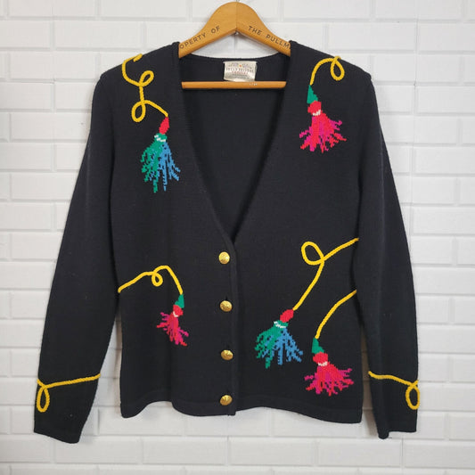 Vintage 1990s Susan Bristol Cardigan Sweater Womens Size Small Equestrian Colorful Tassels