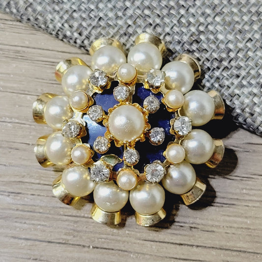 Mid century starburst brooch, with faux pearls rhinestones and blue enamel