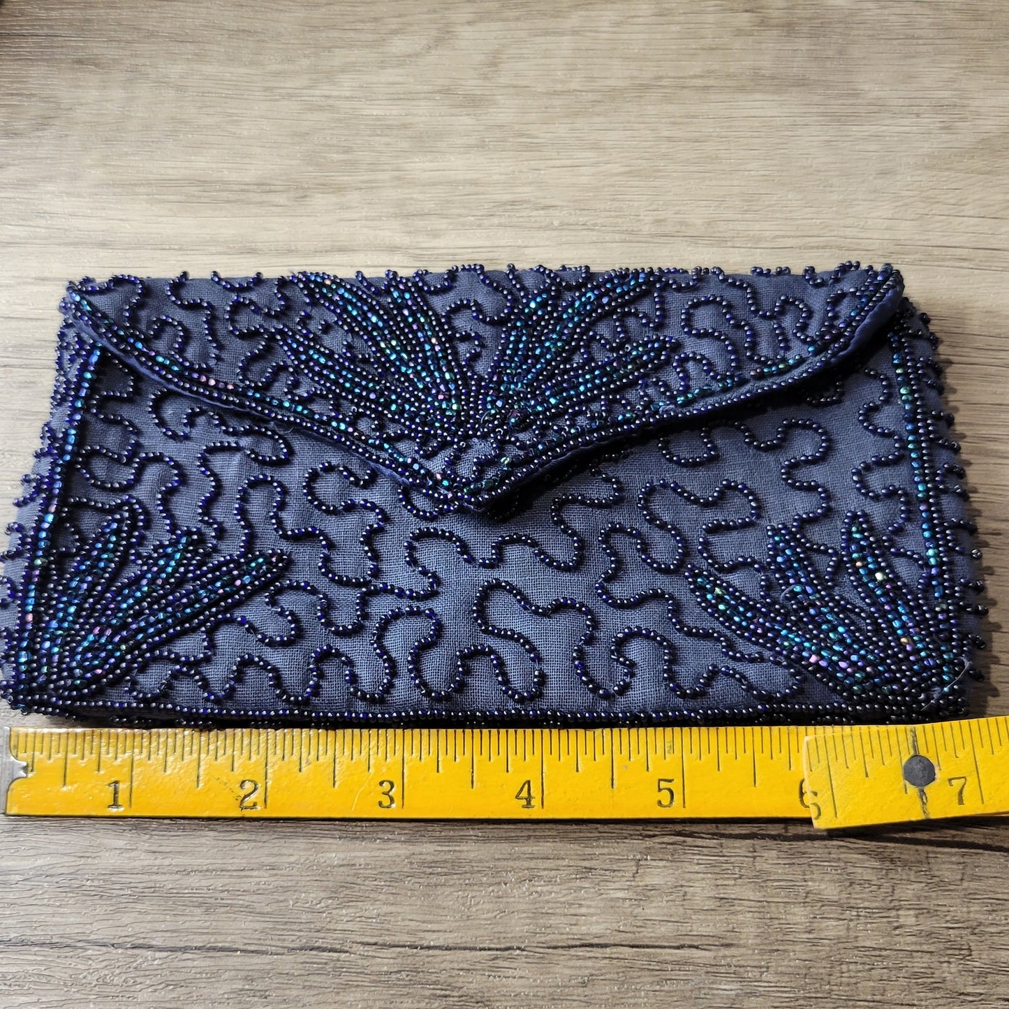 Beaded evening bag clutch black seed bead on navy blue linen 1950s vintage Walborg Belgium