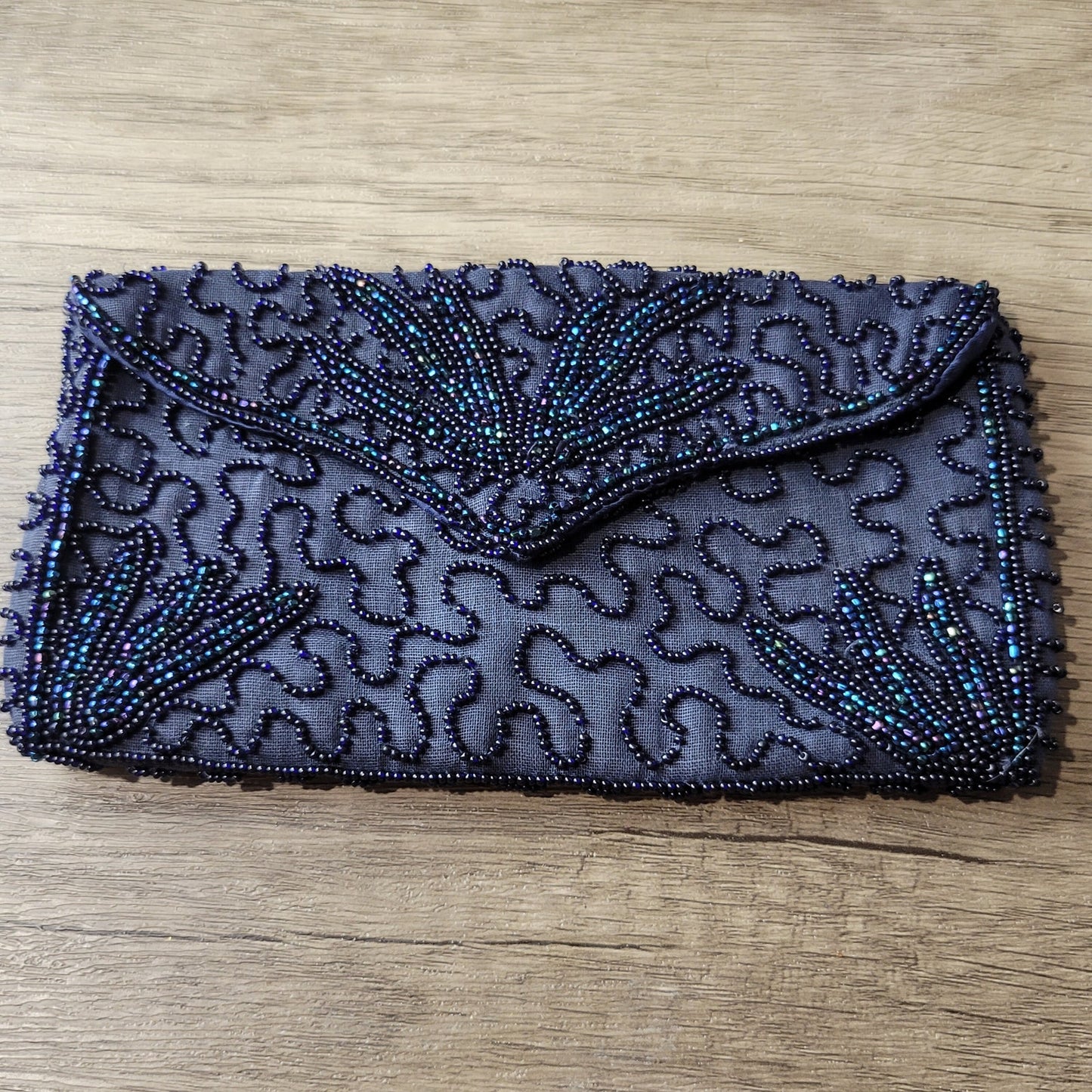 Beaded evening bag clutch black seed bead on navy blue linen 1950s vintage Walborg Belgium