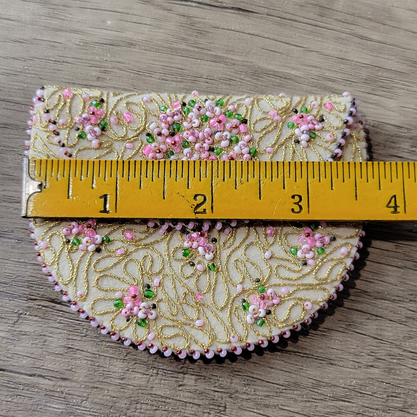 Beaded change purse, delicate pink seed bead floral on cream wool, 1950s vintage handmade