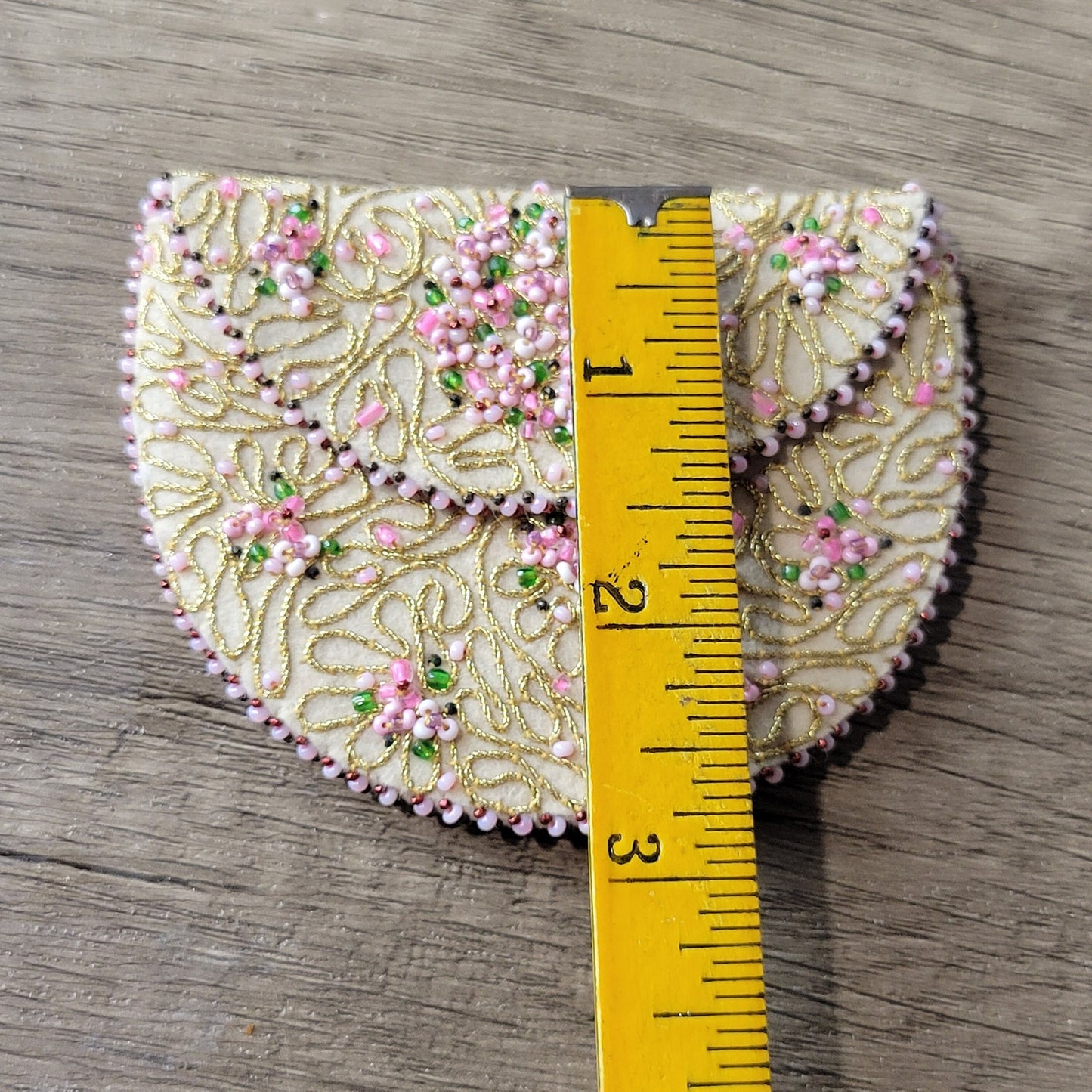 Beaded change purse, delicate pink seed bead floral on cream wool, 1950s vintage handmade