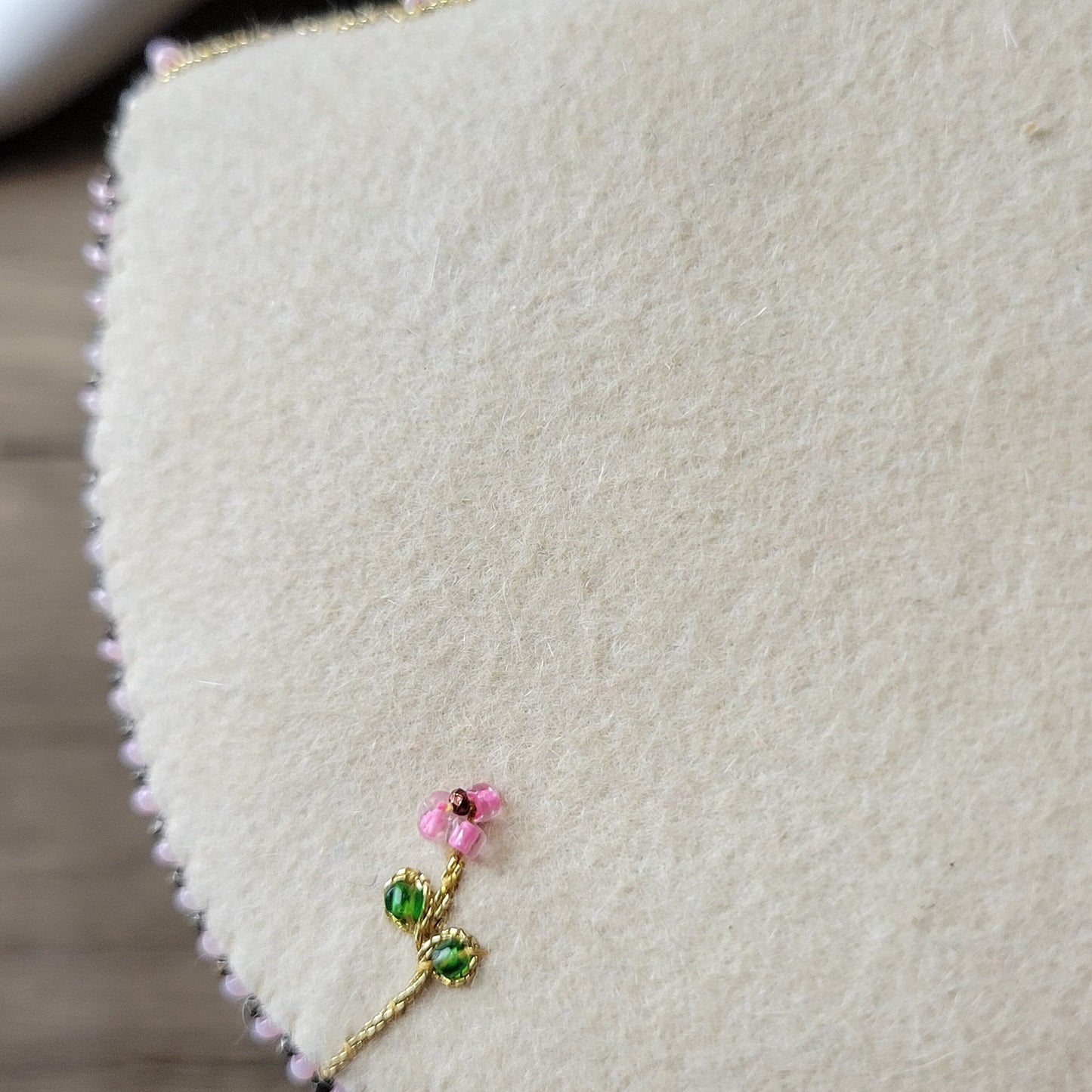 Beaded change purse, delicate pink seed bead floral on cream wool, 1950s vintage handmade