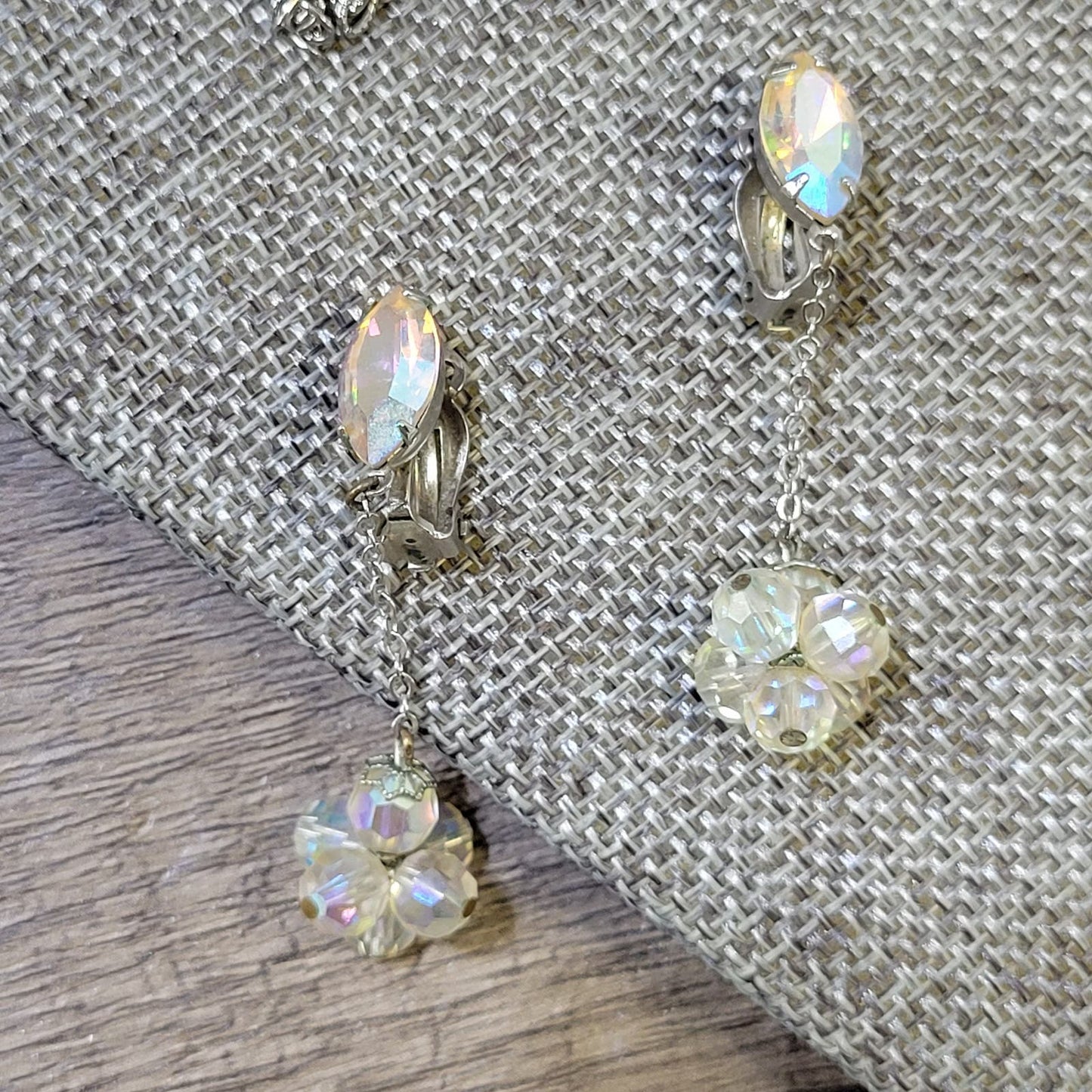 Lewis Segal signed clip-on earrings, aurora borealis crystal dangle drop earrings, vintage 1960s glam