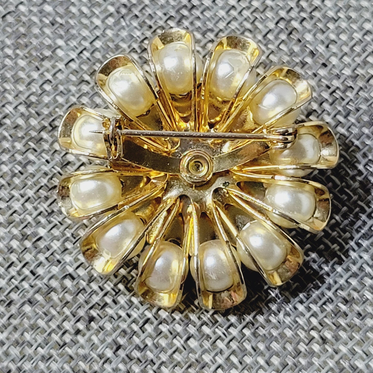 Mid century starburst brooch, with faux pearls rhinestones and blue enamel