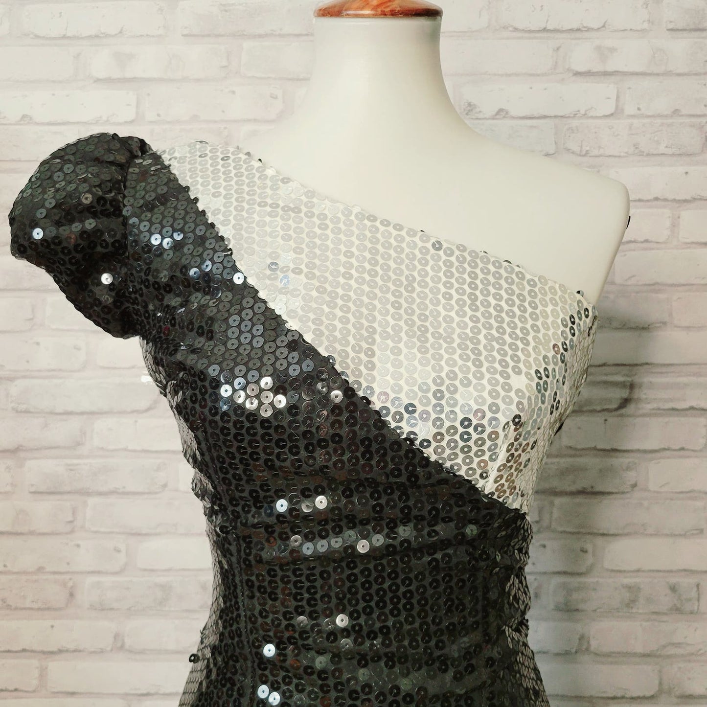 Alyce Designs 1980s sequin evening gown prom dress, one shoulder, black and white, silver, vintage size 6, XS 30 bust