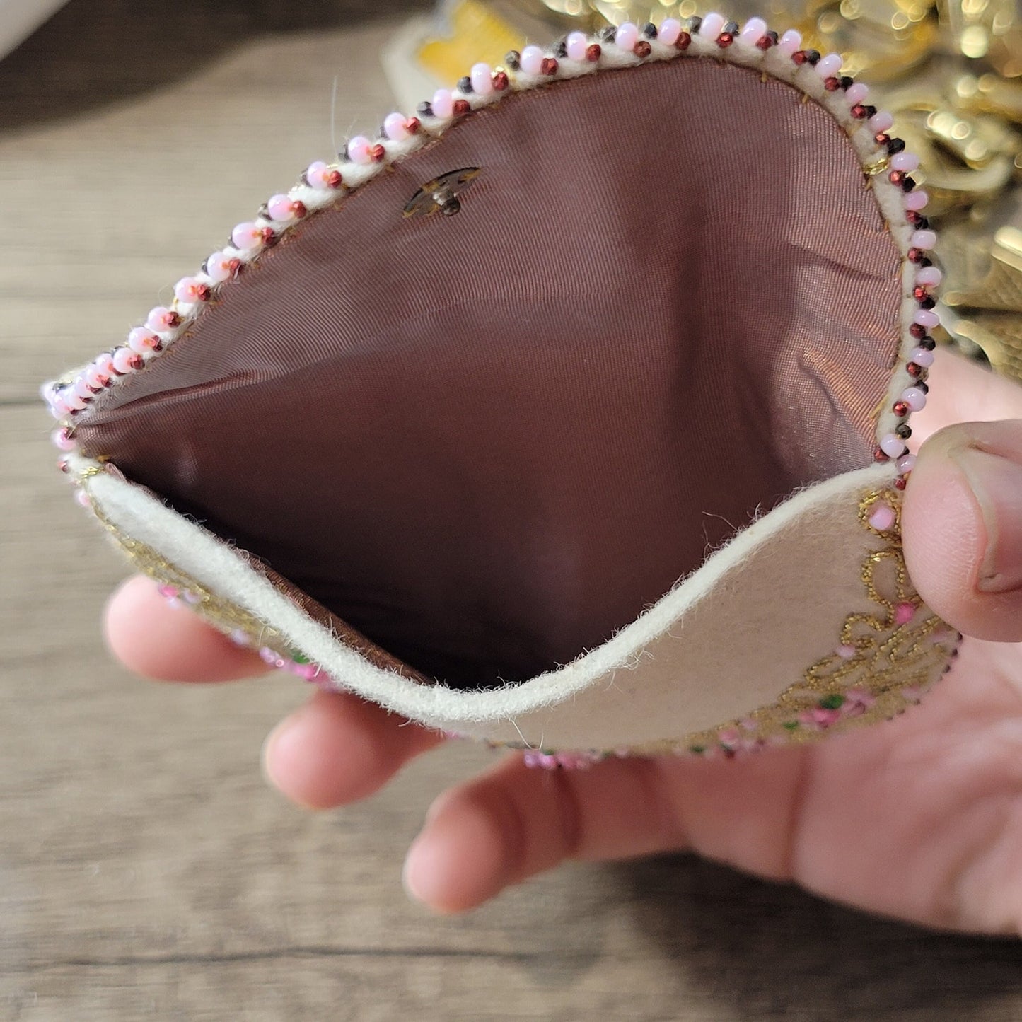 Beaded change purse, delicate pink seed bead floral on cream wool, 1950s vintage handmade