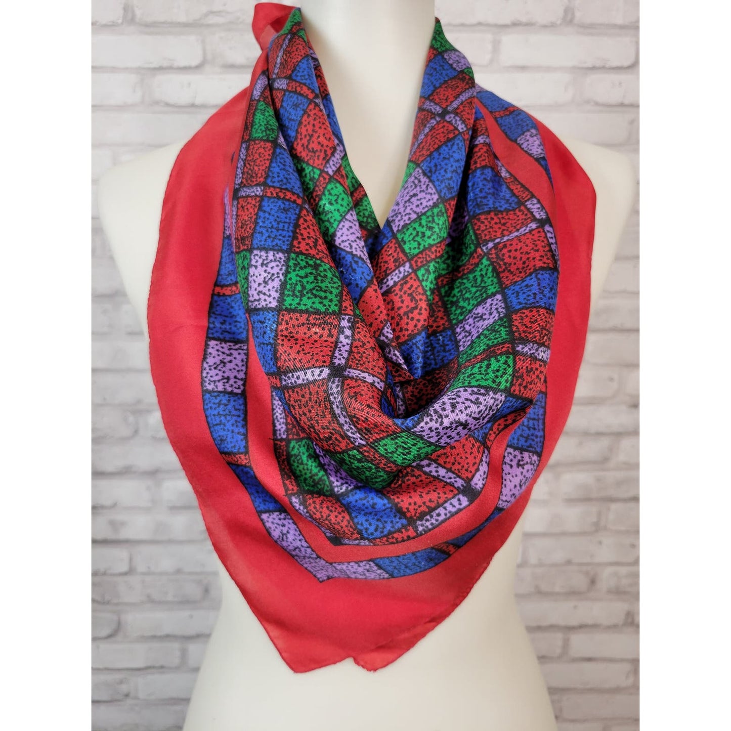 Sarah Coventry red blue purple green geometric square scarf polyester made in Italy vintage 1970s