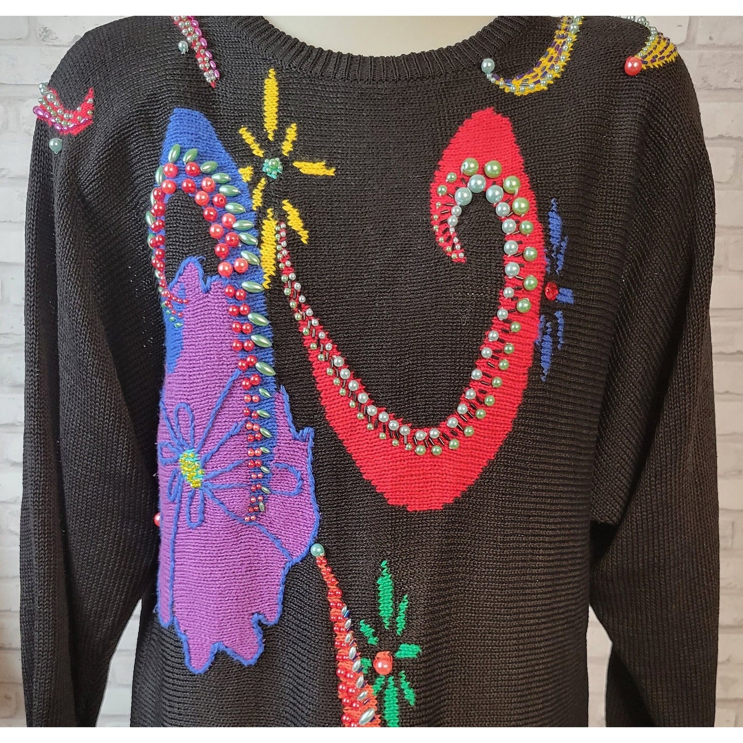 Chelsea Way hand-knit 1980s sweater size Medium black with bright geometric beaded design