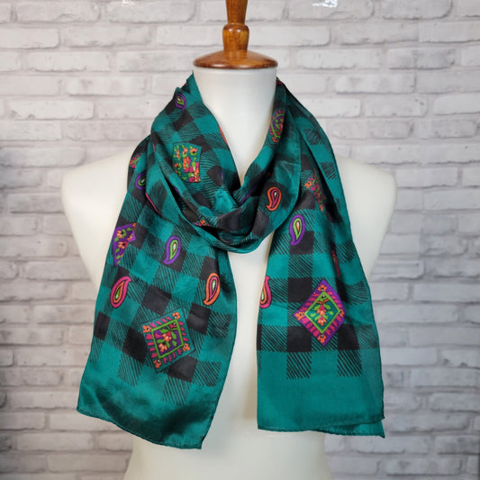 1980s silk scarf vivid teal and black check with pink purple paisley, long rectangular retro style