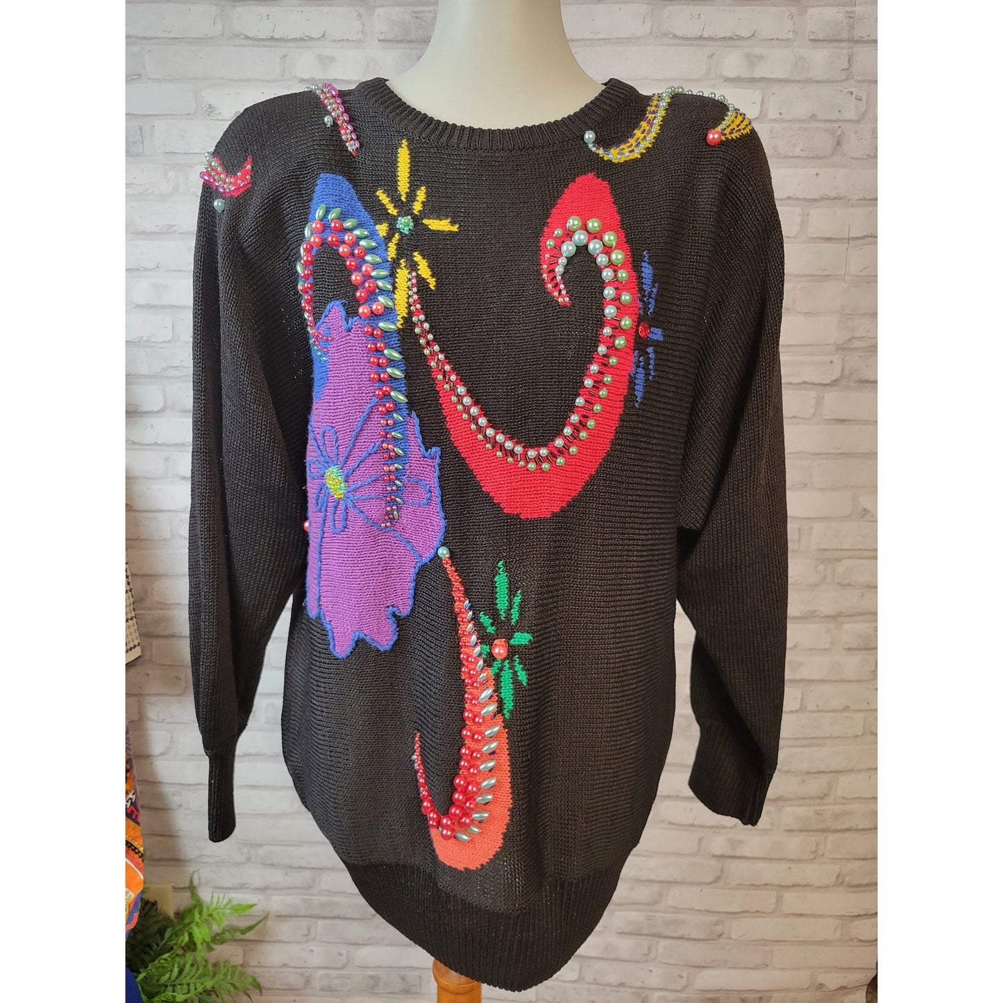 Chelsea Way hand-knit 1980s sweater size Medium black with bright geometric beaded design