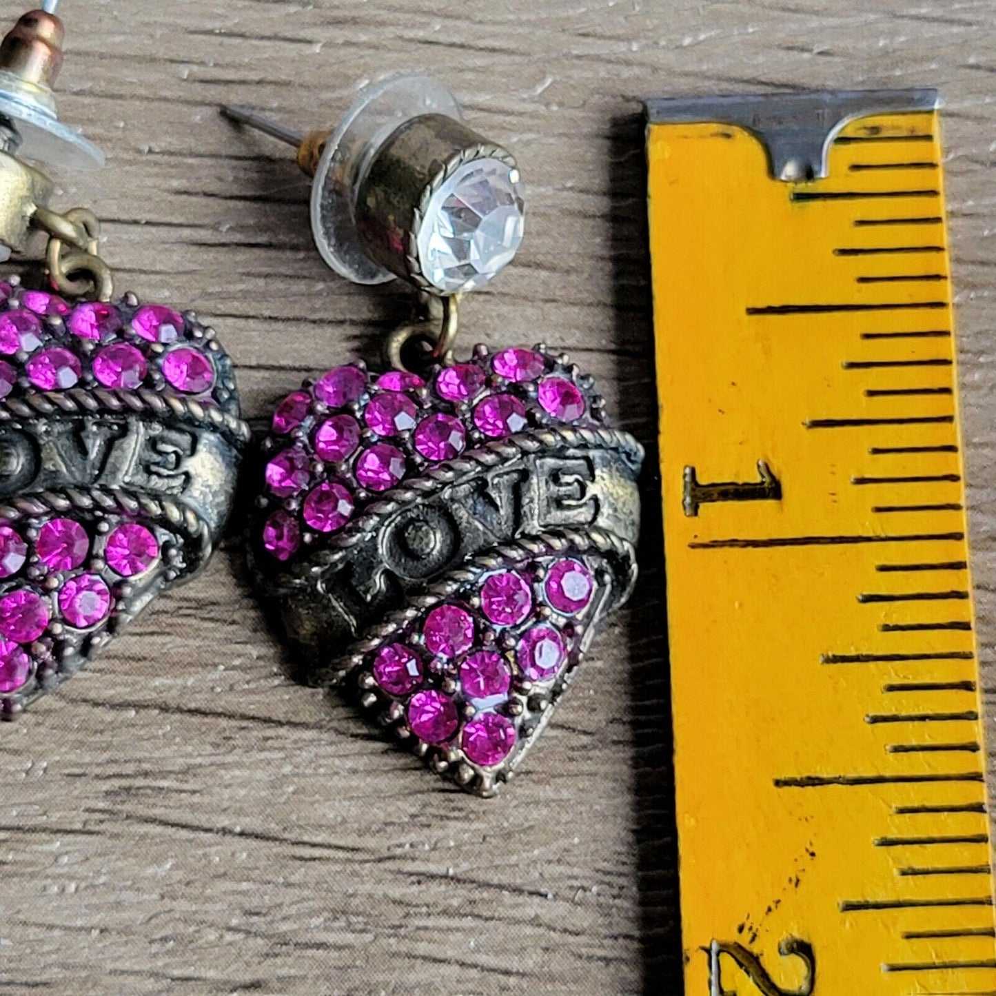 Betsey Johnson pierced earrings pink rhinestone dangles Love banner