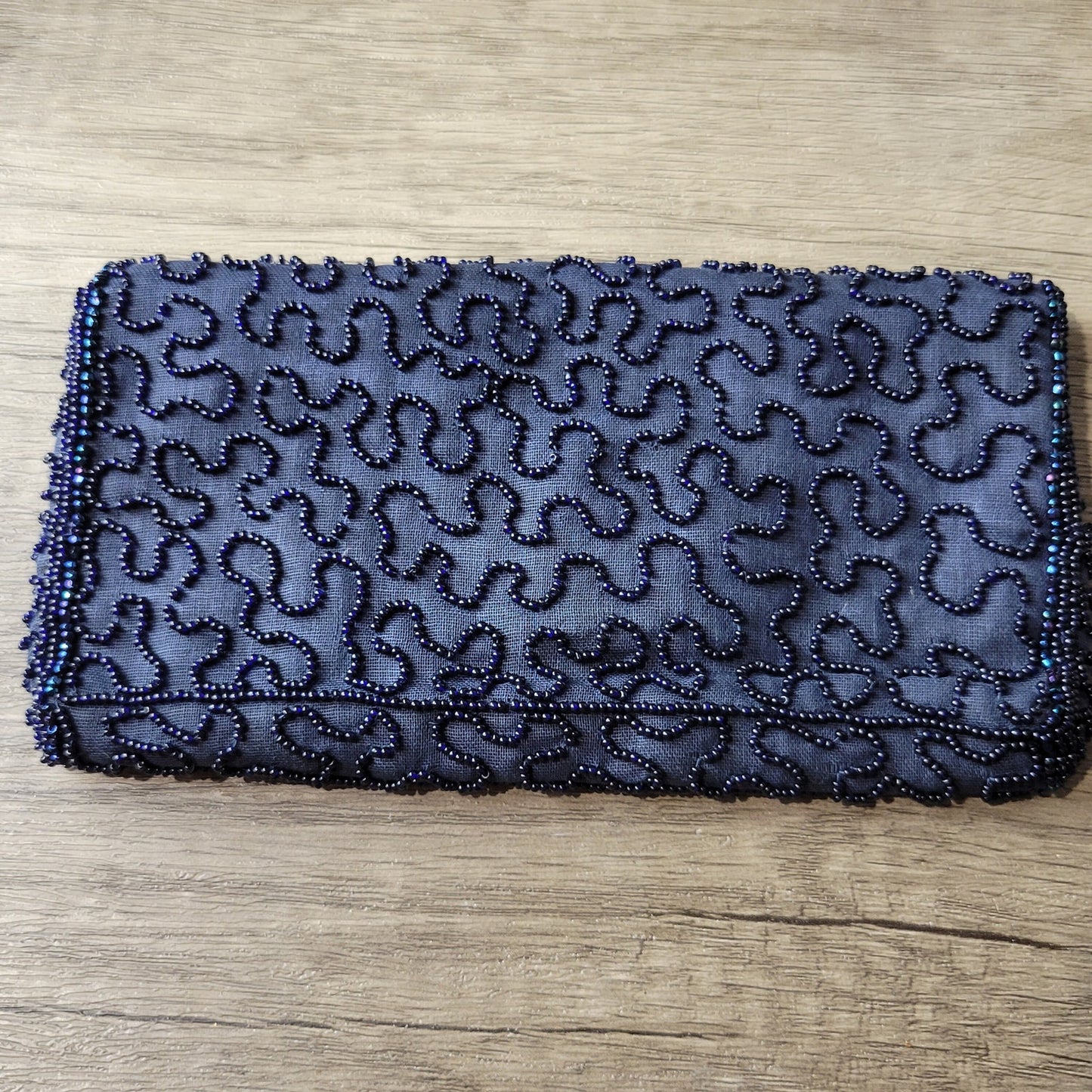 Beaded evening bag clutch black seed bead on navy blue linen 1950s vintage Walborg Belgium