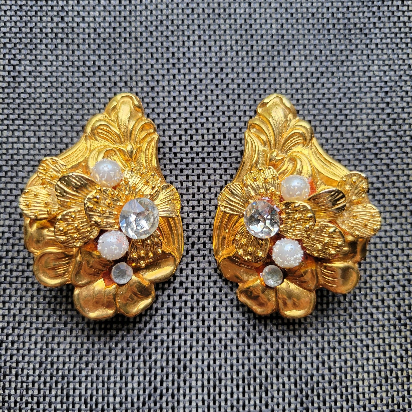 Art Nouveau revival clip-on earrings, statement jewelry, vintage 1980s glam aesthetic