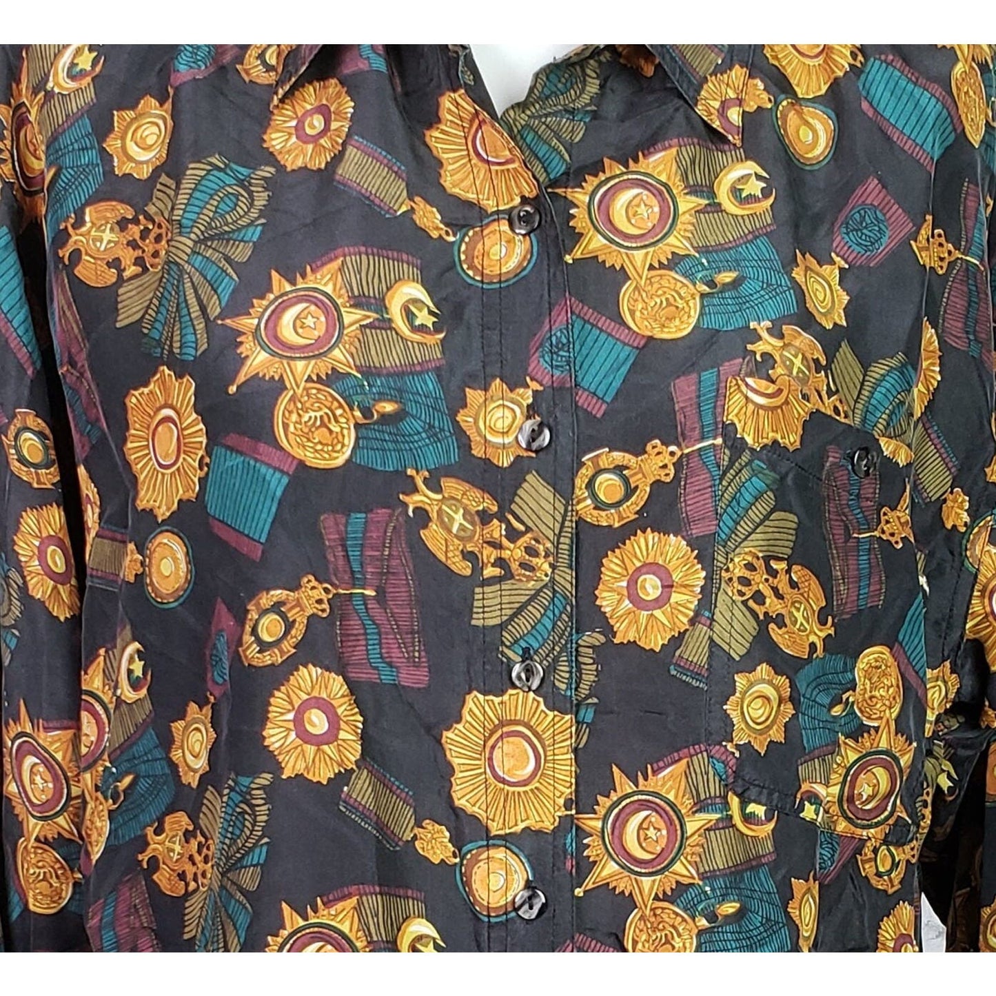 80s blouse size Medium baroque medals and ribbons silk print, vintage navy blue loose fit button front womens shirt