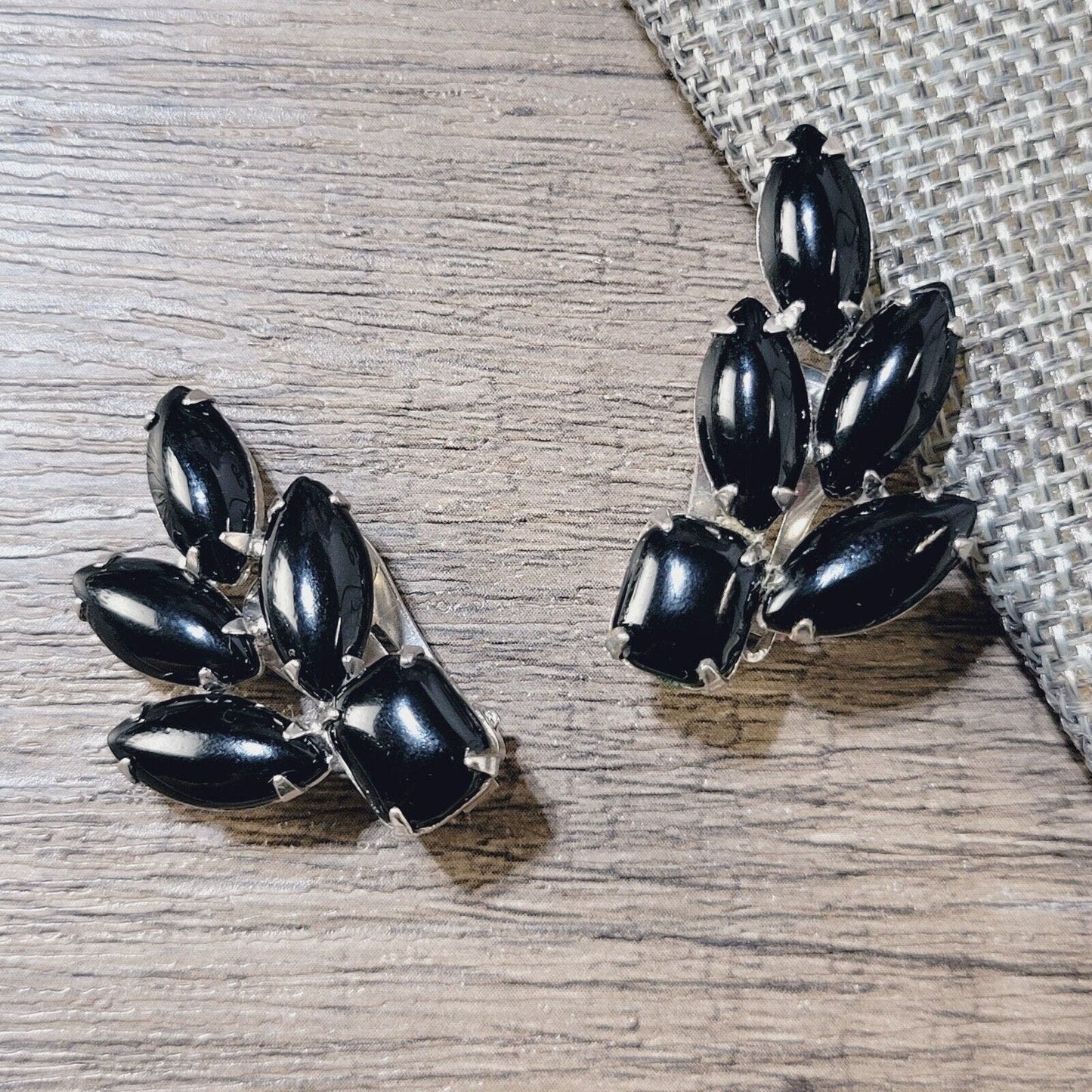 Vintage Weiss clip-on earrings black marquise-cut glass ear-climbers