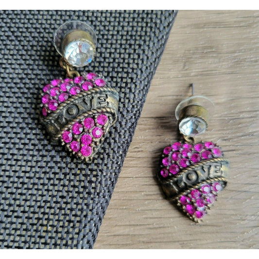 Betsey Johnson pierced earrings pink rhinestone dangles Love banner