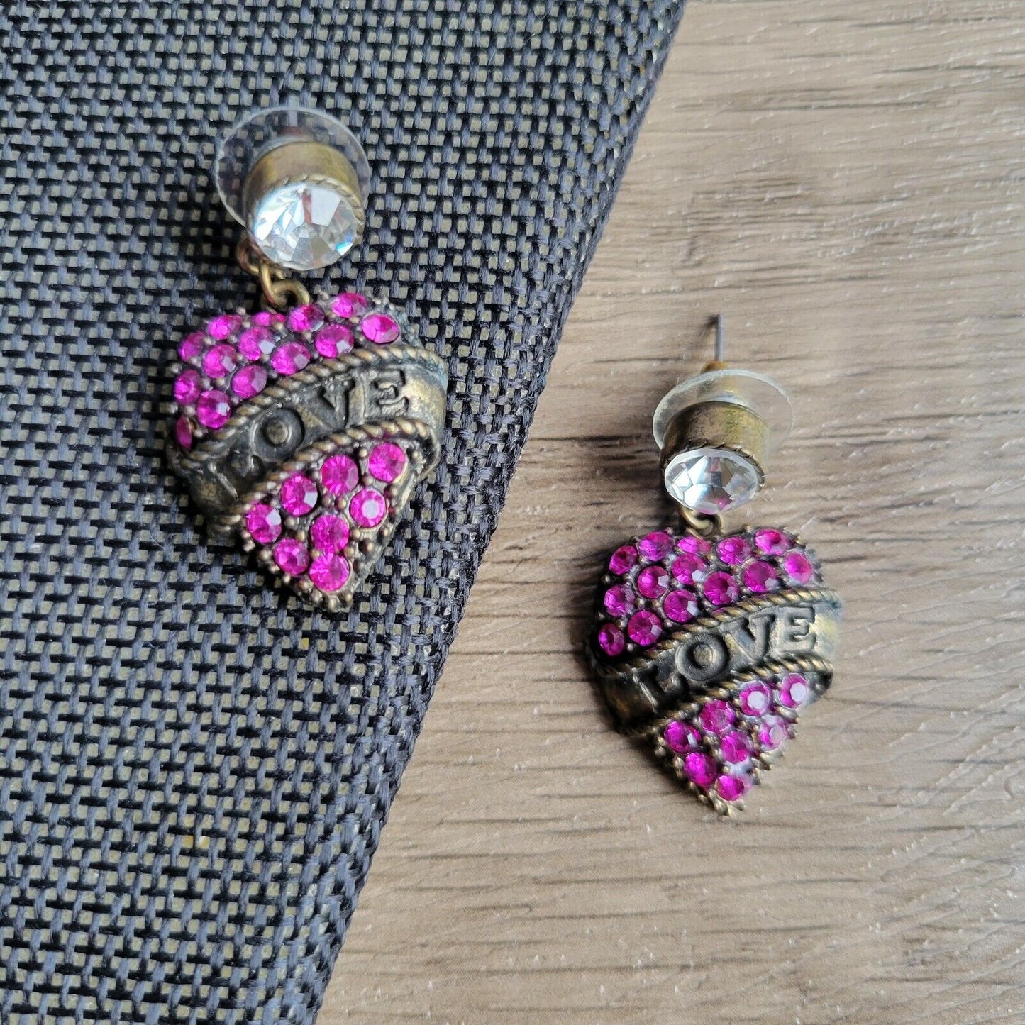 Betsey Johnson pierced earrings pink rhinestone dangles Love banner