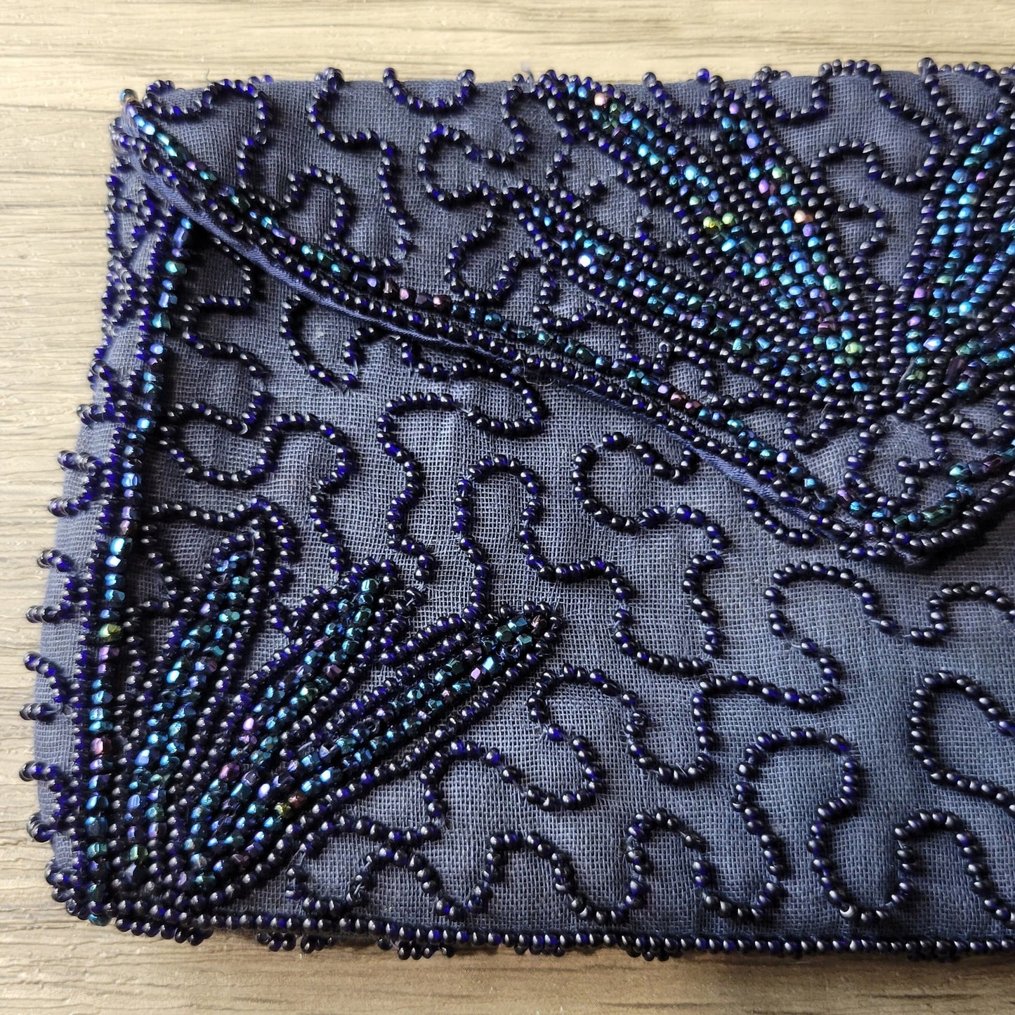 Beaded evening bag clutch black seed bead on navy blue linen 1950s vintage Walborg Belgium