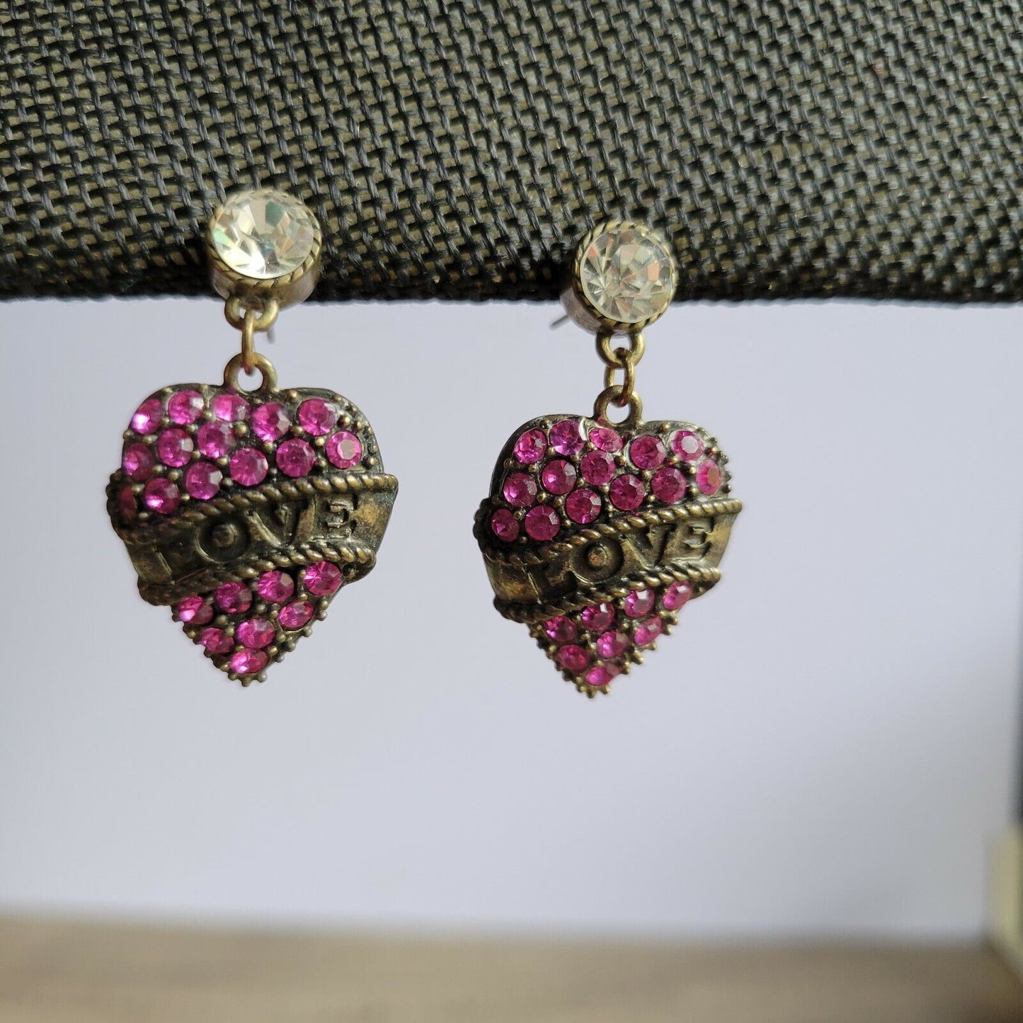 Betsey Johnson pierced earrings pink rhinestone dangles Love banner