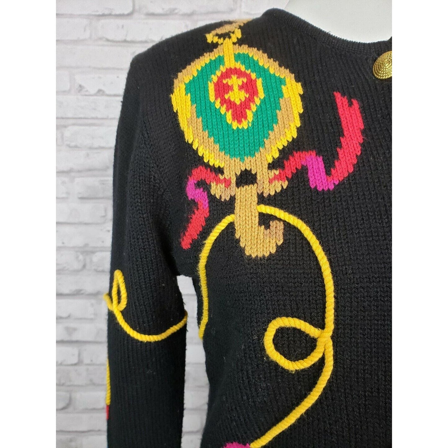 Susan Bristol cardigan sweater equestrian bridle brass size Small vintage 1992