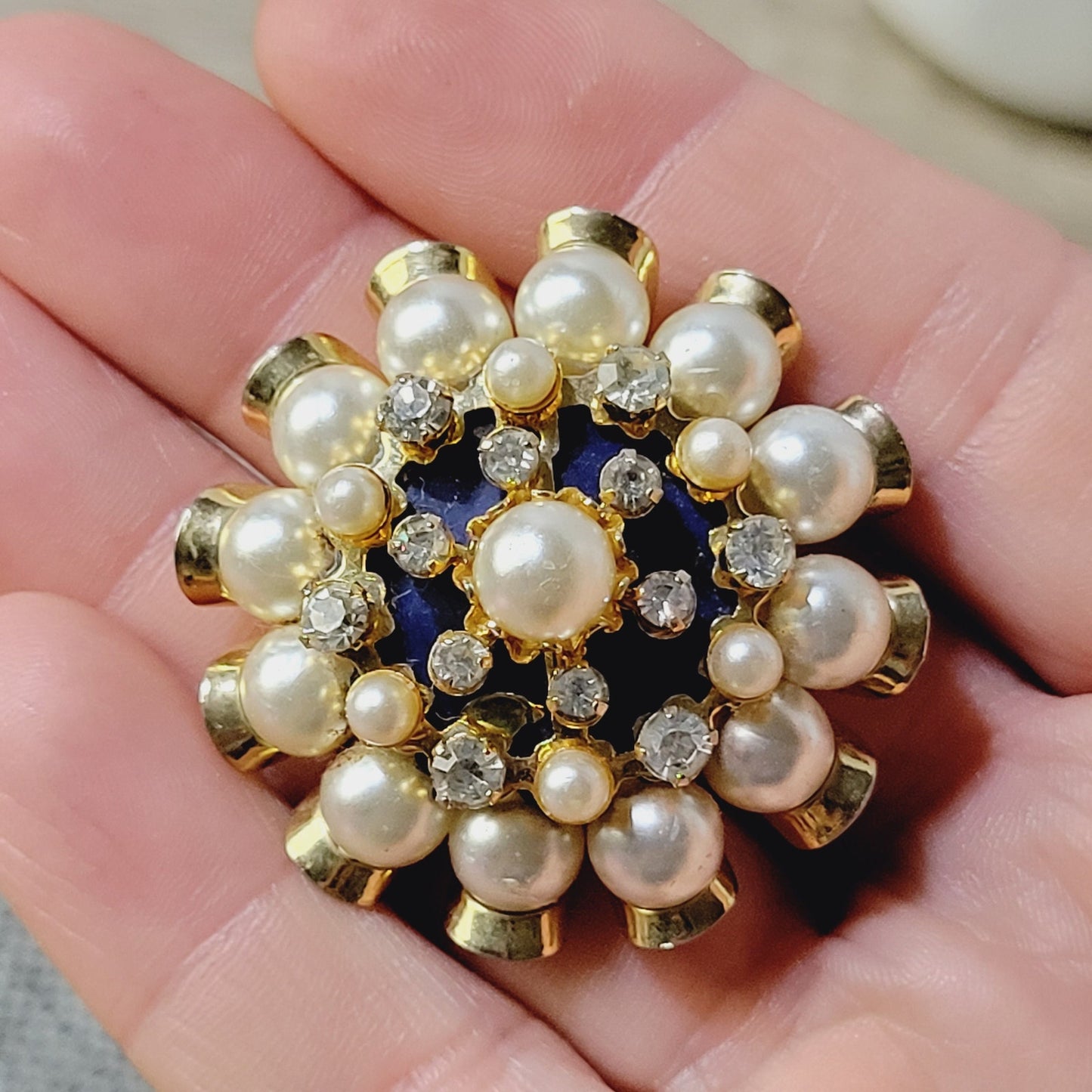 Mid century starburst brooch, with faux pearls rhinestones and blue enamel