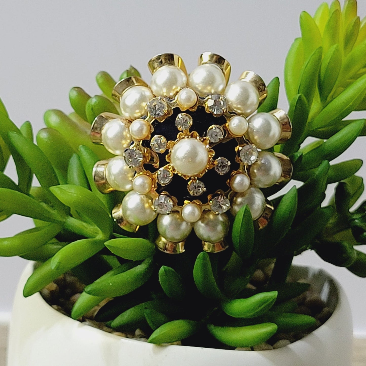 Mid century starburst brooch, with faux pearls rhinestones and blue enamel