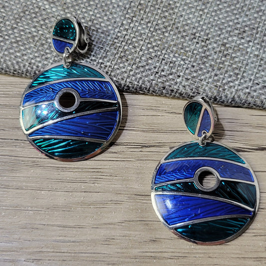 Edgar Berebi clip-on earrings, teal blue enamel and silver-tone striped dangle hoops, vintage designer jewelry