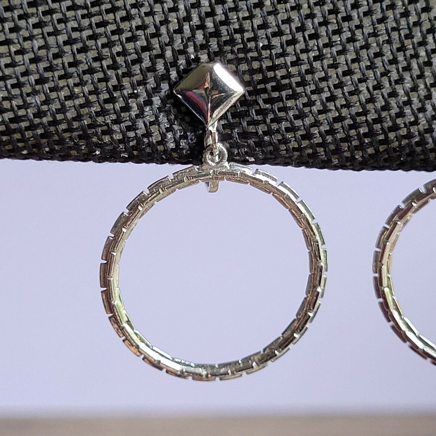 Vintage clip-on earrings mod silver-tone dangle chain front-facing Marilyn hoops