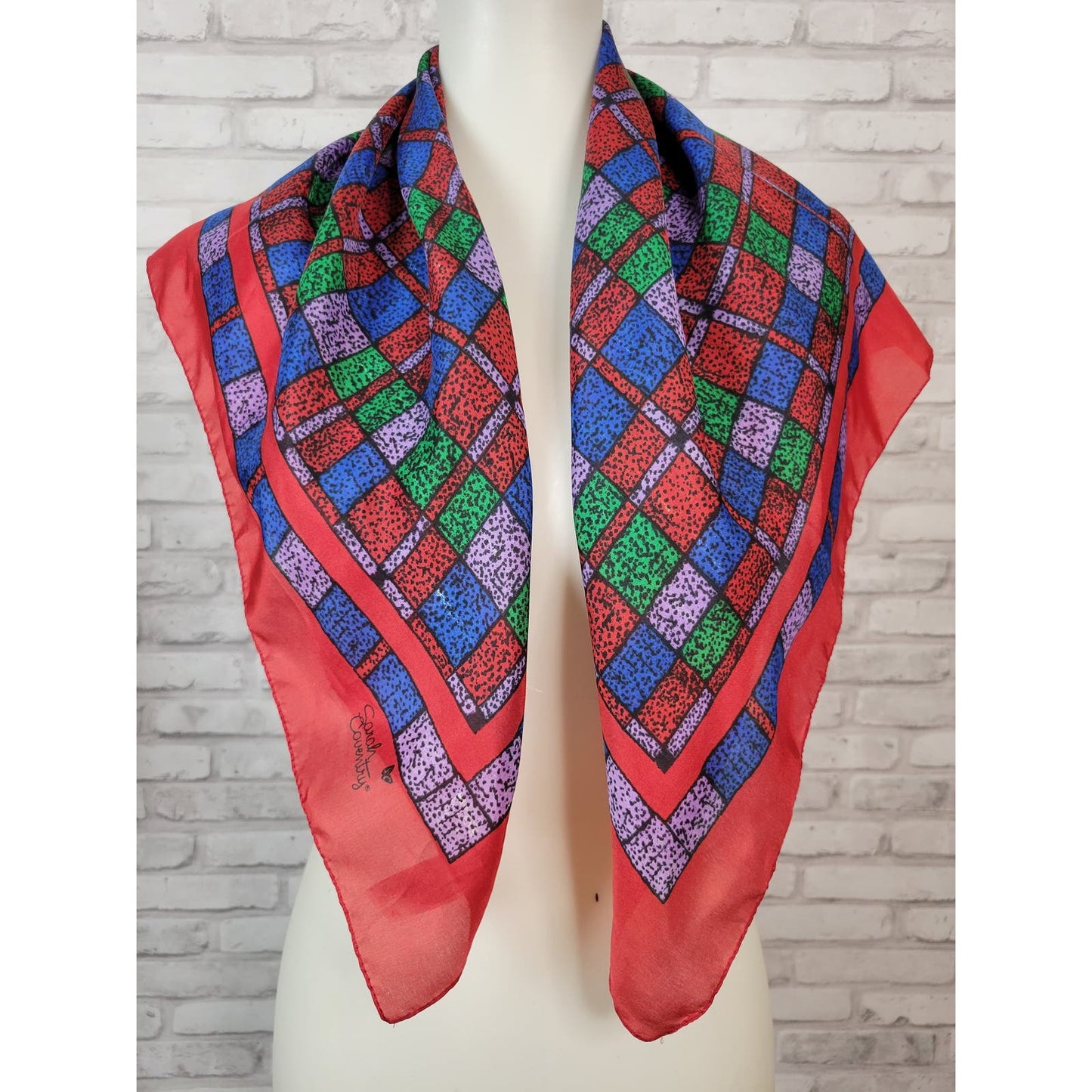 Sarah Coventry red blue purple green geometric square scarf polyester made in Italy vintage 1970s