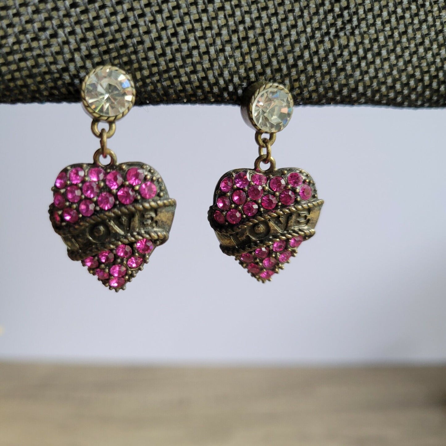 Betsey Johnson pierced earrings pink rhinestone dangles Love banner