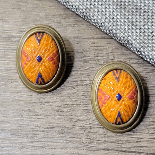 Orange Art Deco look Czech glass clip-on earrings, vintage clip-on statement earrings