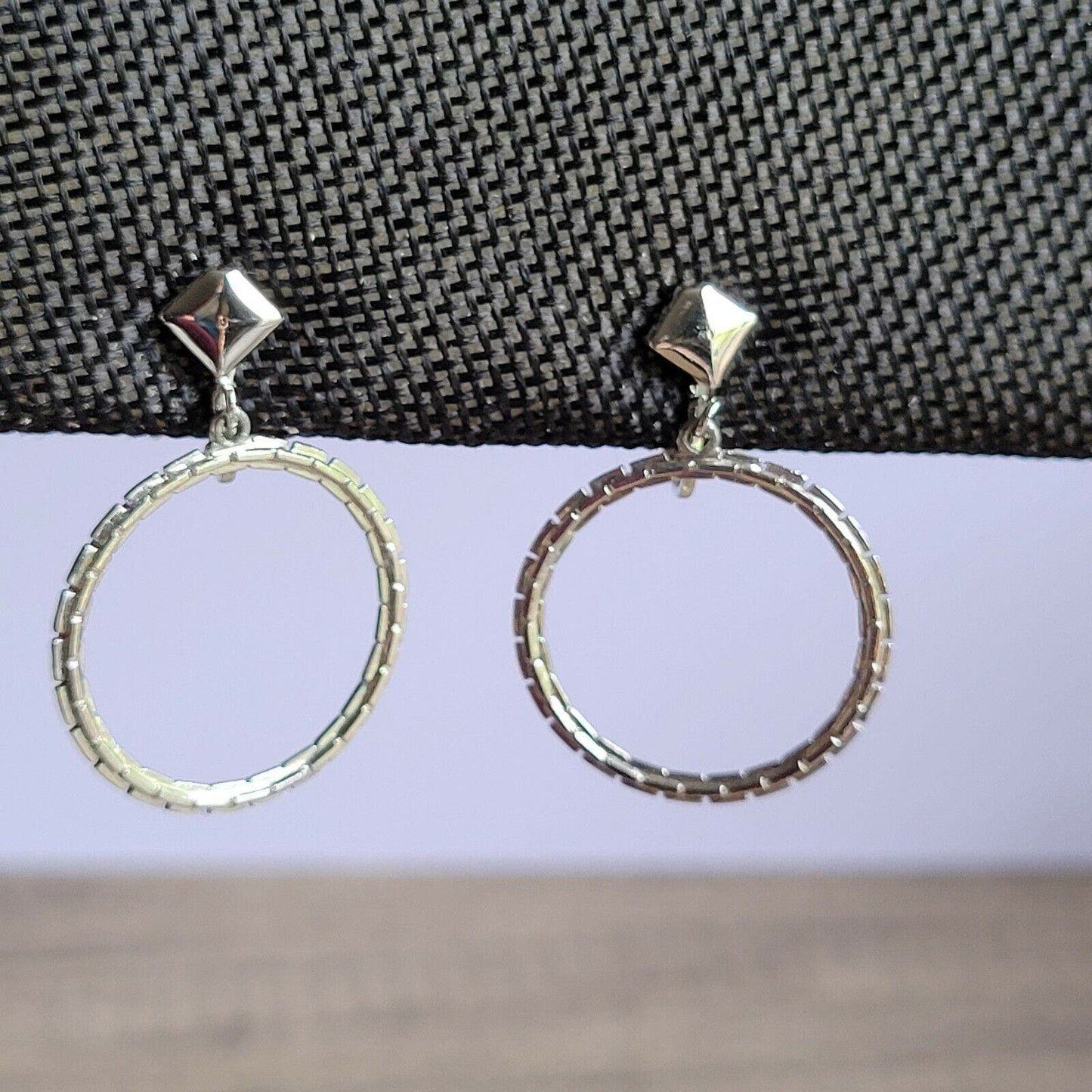 Vintage clip-on earrings mod silver-tone dangle chain front-facing Marilyn hoops