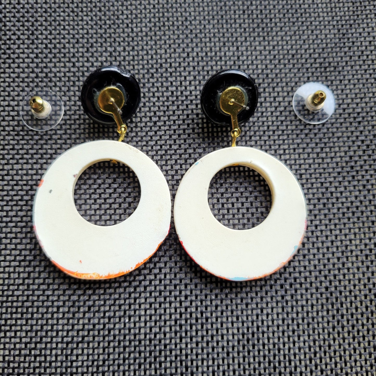 80s vintage pierced earrings hand-painted plastic hoops black white red orange