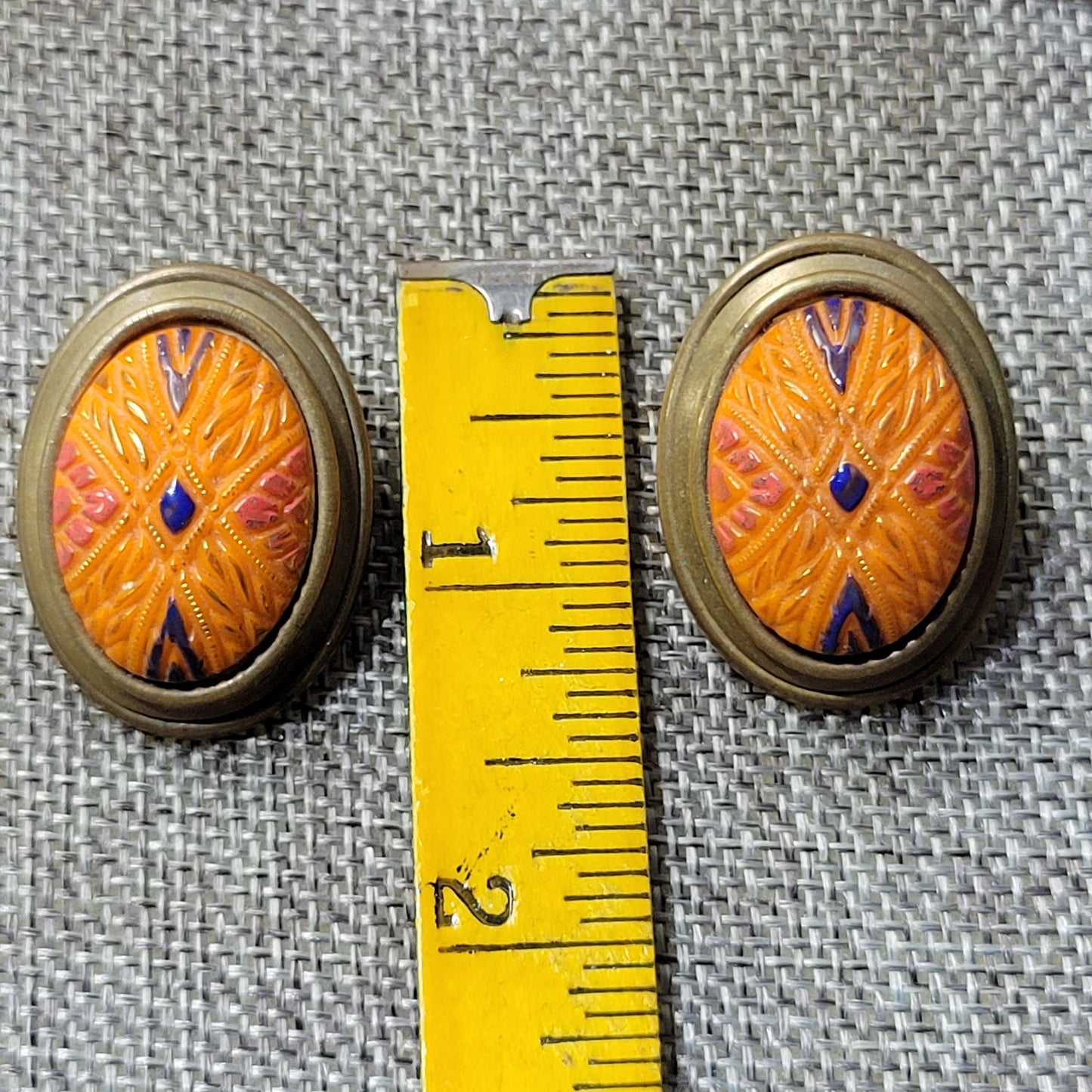 Orange Art Deco look Czech glass clip-on earrings, vintage clip-on statement earrings