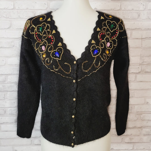 Marnier West jeweled hand-knit black silk angora cardigan sweater, size Small, vintage 1980s