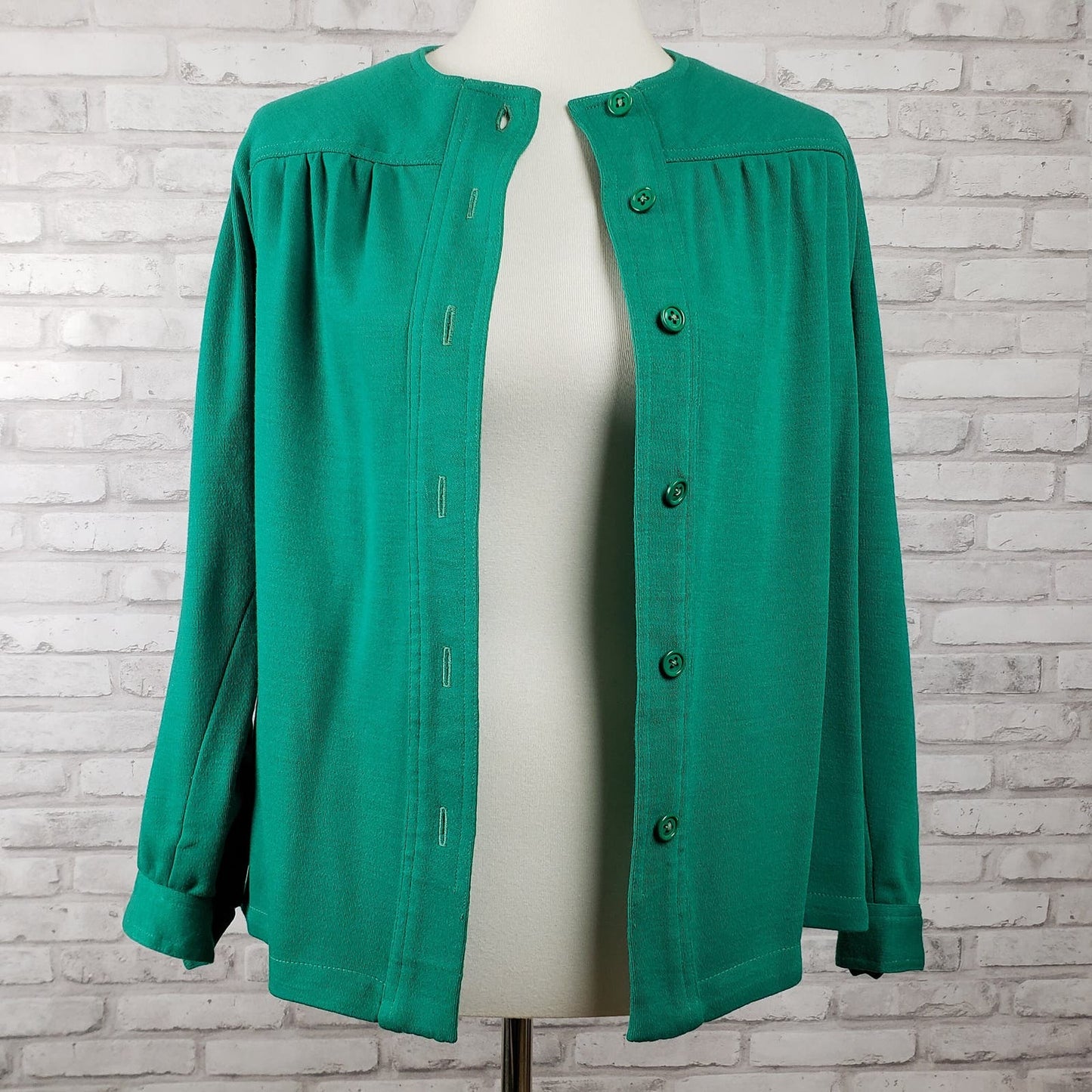 Swing jacket or shacket emerald green wool blend jersey knit, 38-inch bust Joan Leslie for Kasper 1970s