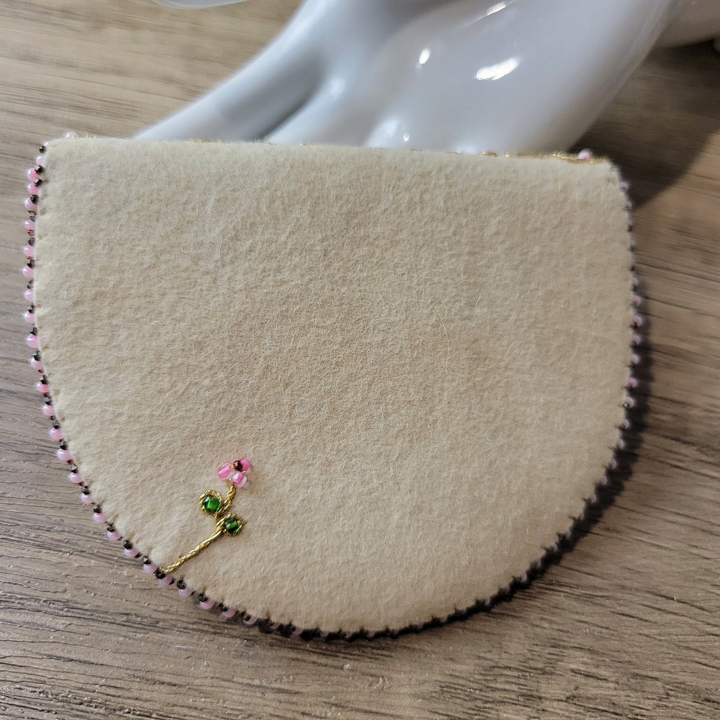 Beaded change purse, delicate pink seed bead floral on cream wool, 1950s vintage handmade