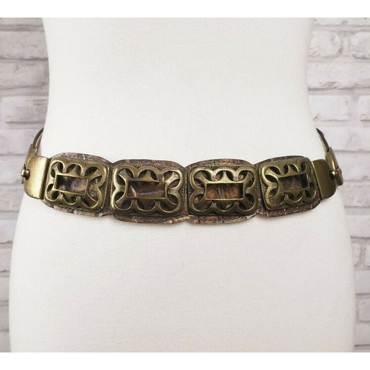 Women's belt S metal leather artsy boho 1990s boutique piece 30-32-inch waist